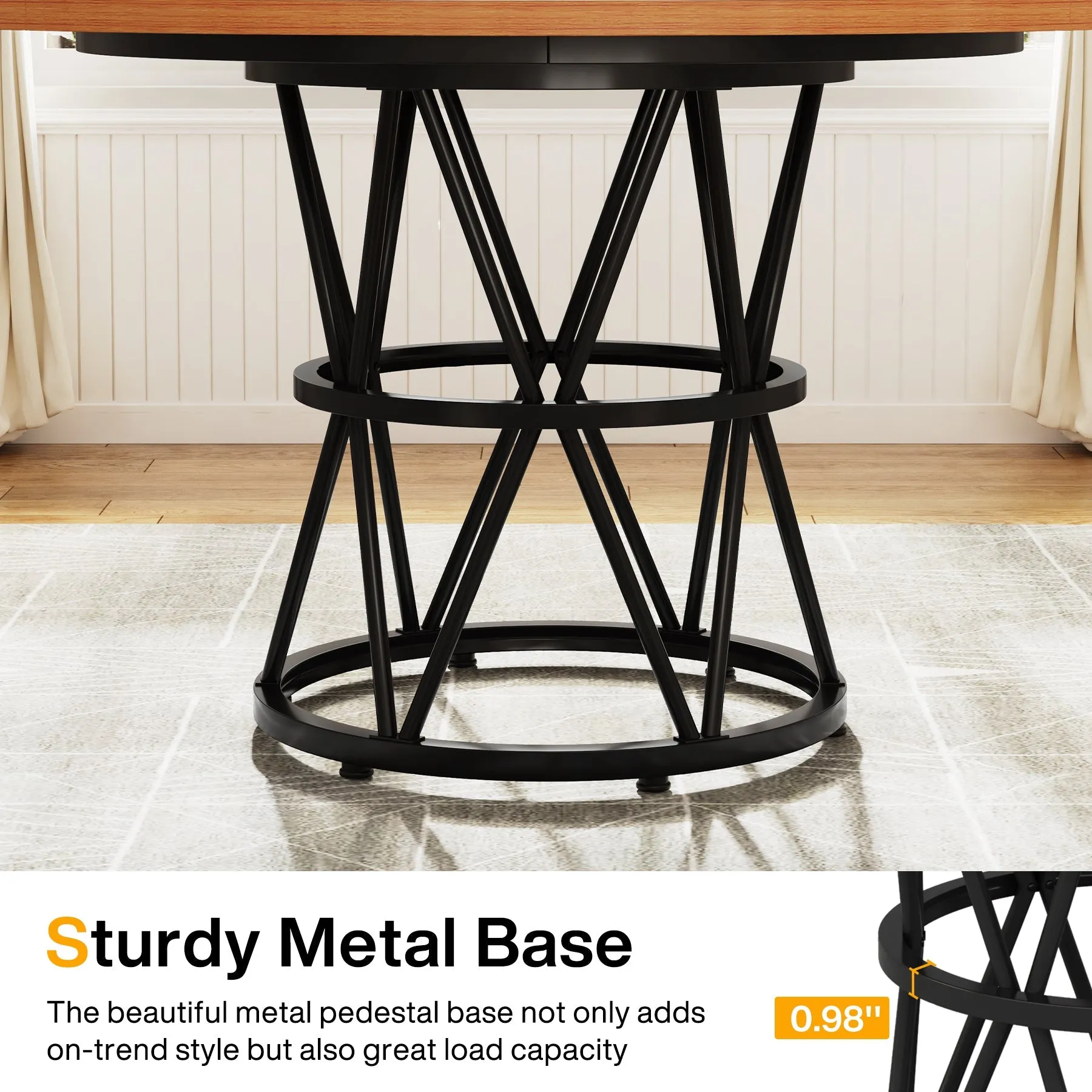 Round Dining Table, 47" Kitchen Table with Metal Base for 4-6 Seaters