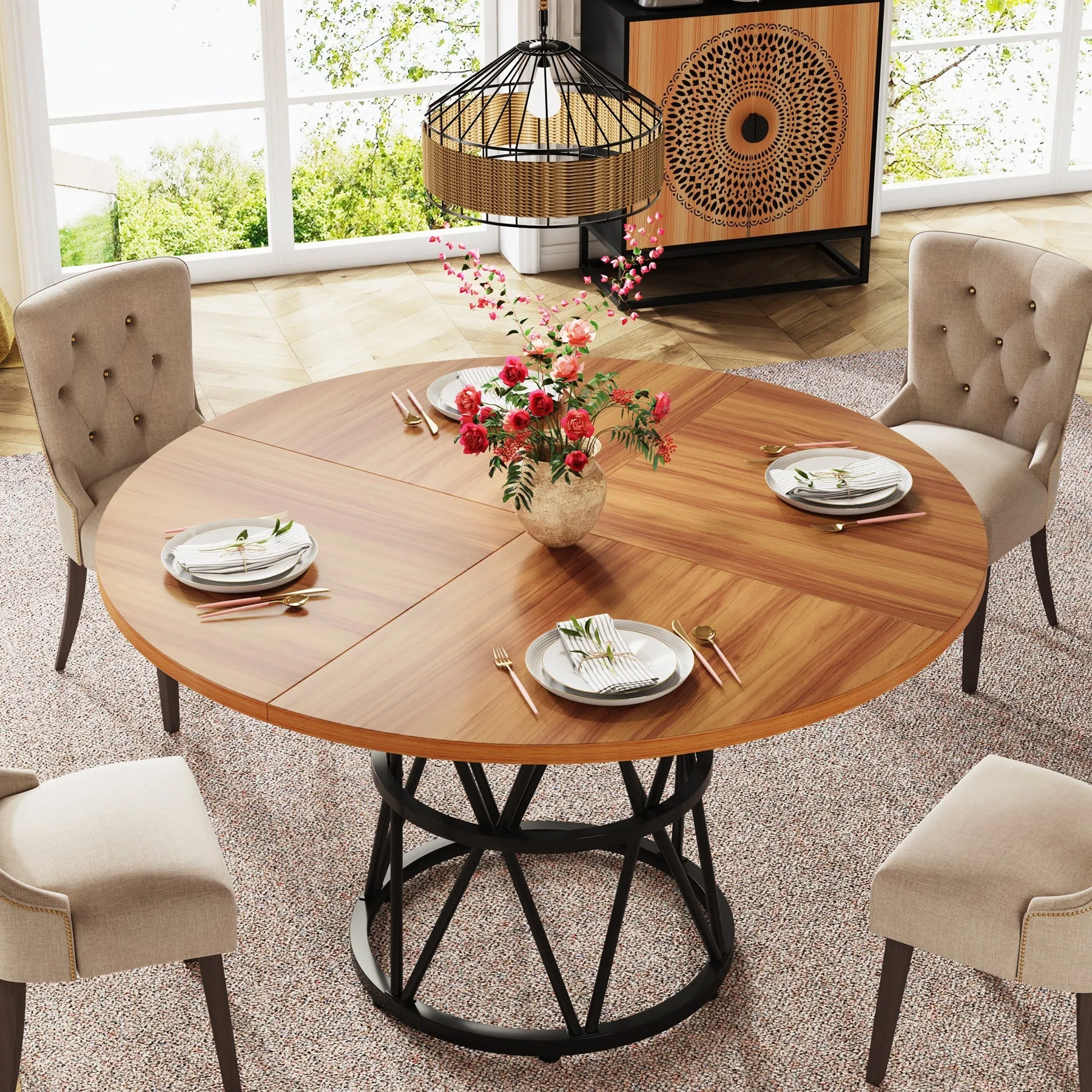 Round Dining Table, 47" Kitchen Table with Metal Base for 4-6 Seaters