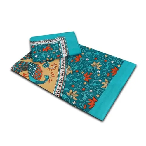 Shivanshi Jaipuri Traditional Luxury Sanganeri Print 144 TC Cotton Double Size Bedsheet with 2 Pillow Covers - Peacock (Green)