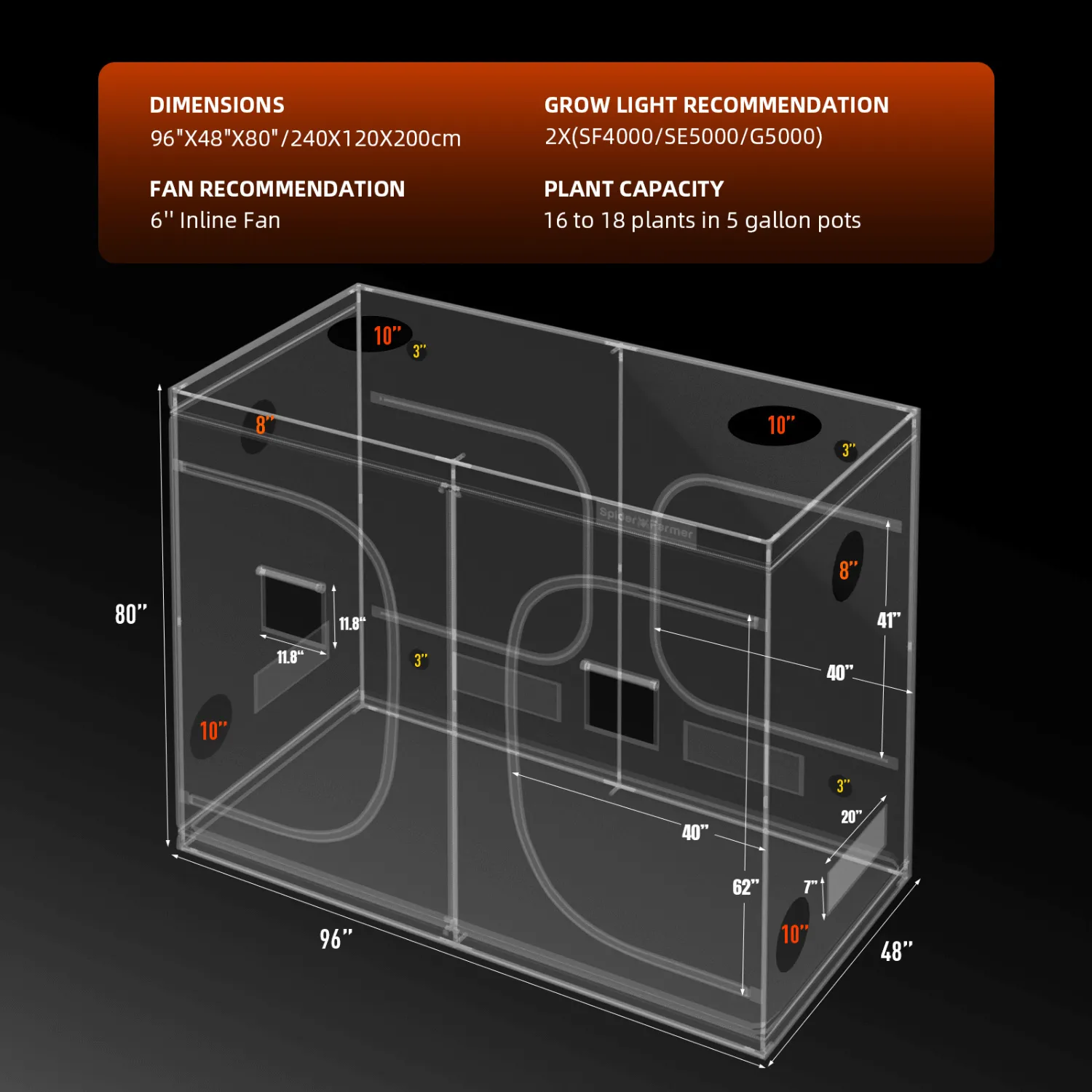 Spider Farmer 4' x 8' x 6' 8" (120 x 240 x 200 cm) Indoor Grow Tent