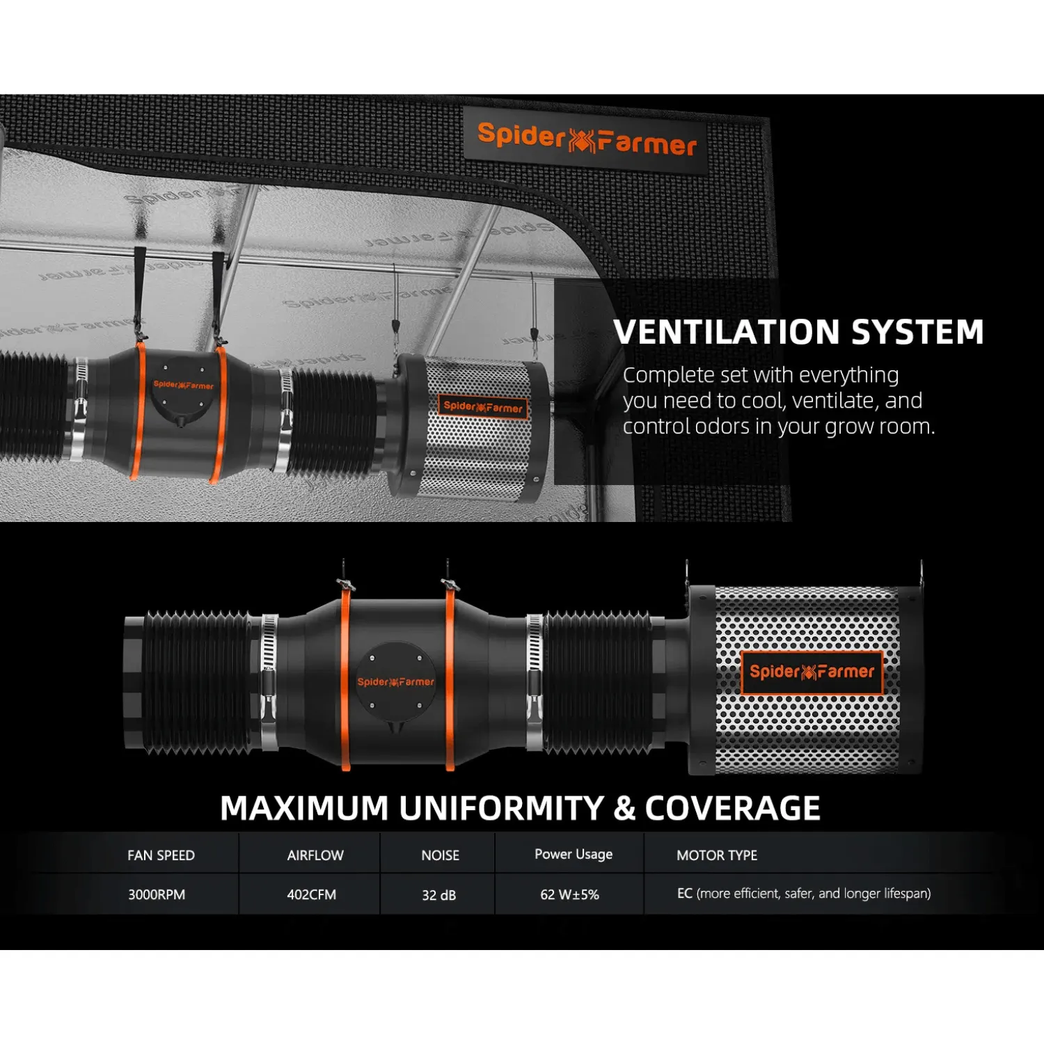 Spider Farmer Grow Kit 6" Inline Duct Fan and Carbon Filter Combo