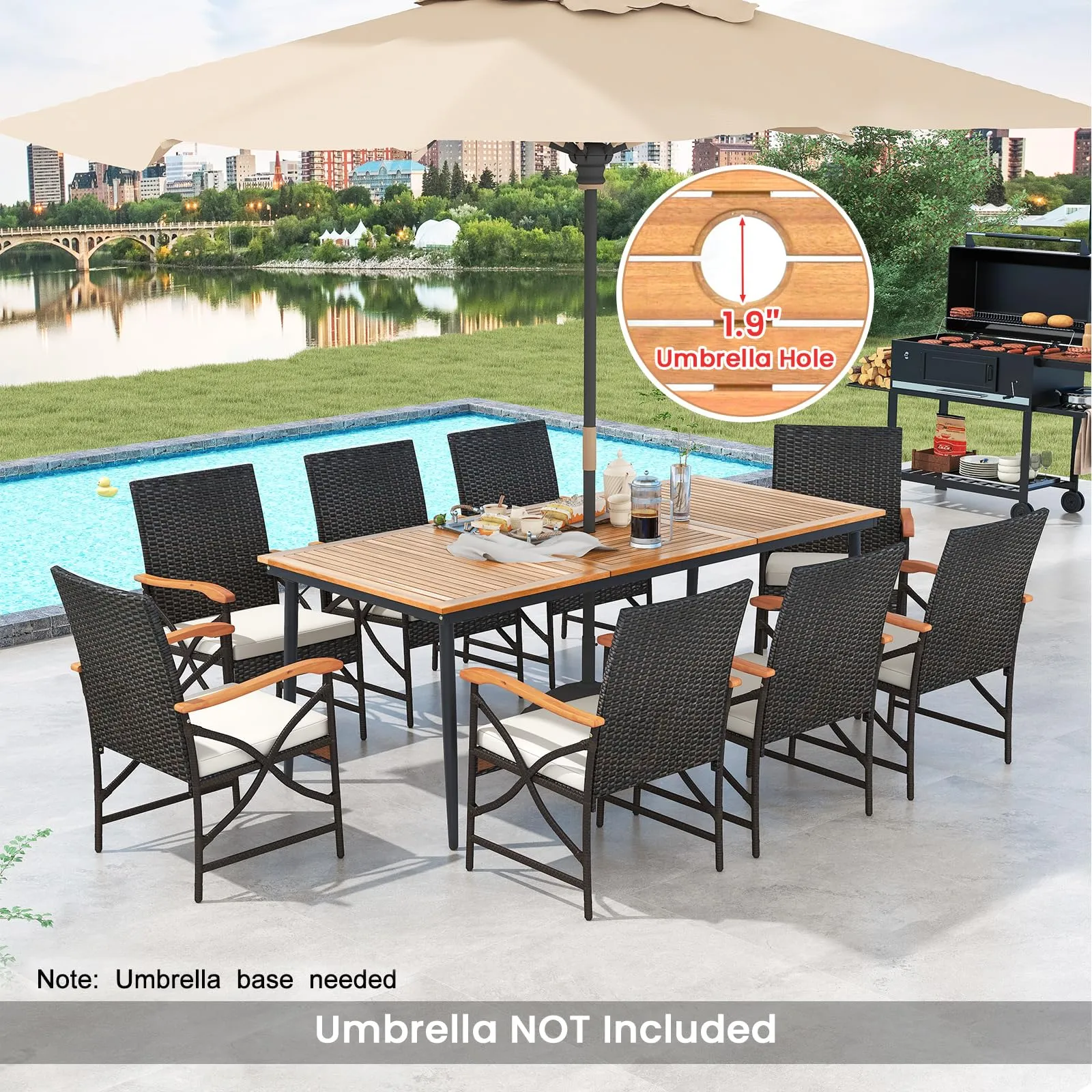 Tangkula 9-Piece Patio Dining Set, 79" Outdoor Acacia Wood Dining Table & 8 Rattan-Woven Dining Chairs with 1.9" Umbrella Hole