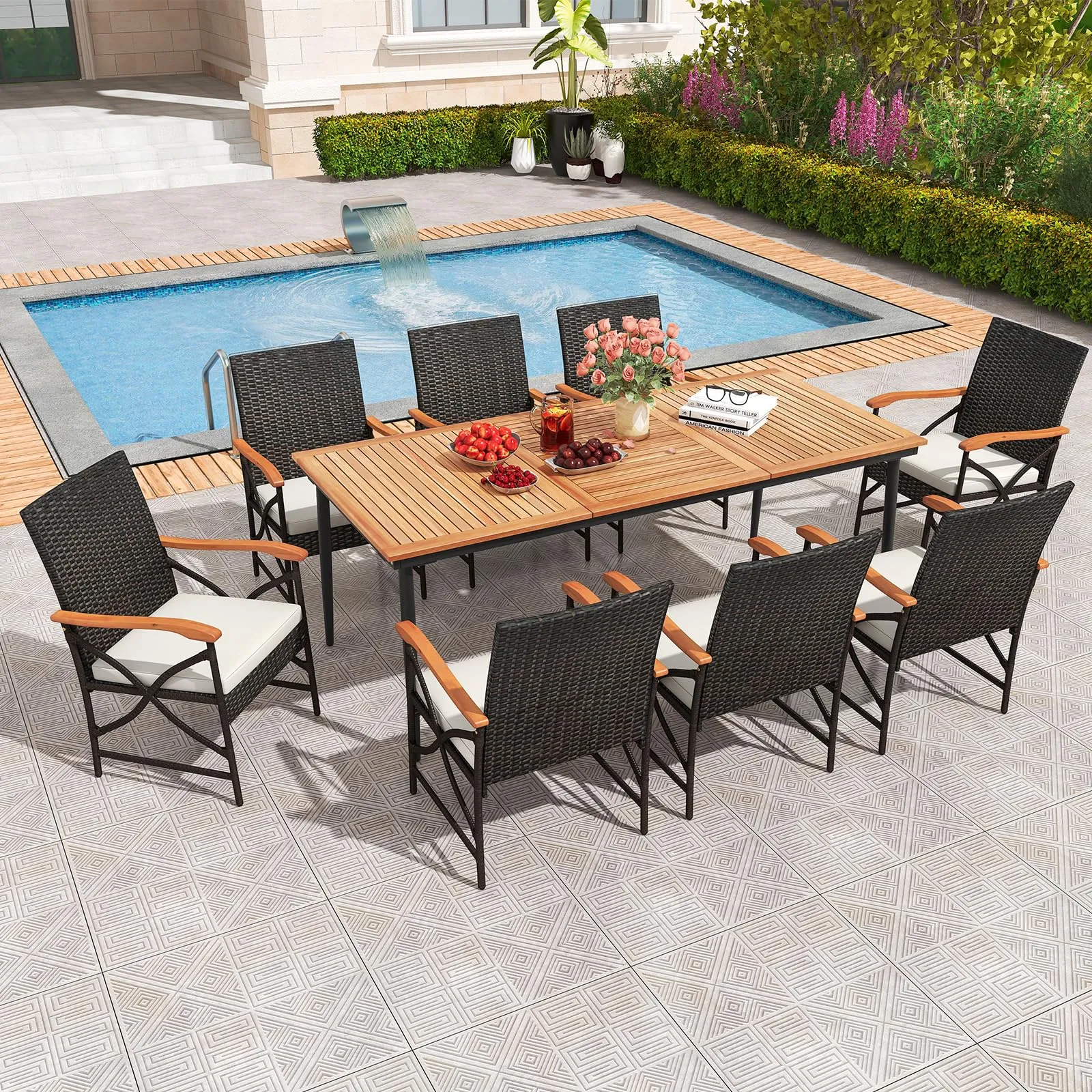 Tangkula 9-Piece Patio Dining Set, 79" Outdoor Acacia Wood Dining Table & 8 Rattan-Woven Dining Chairs with 1.9" Umbrella Hole