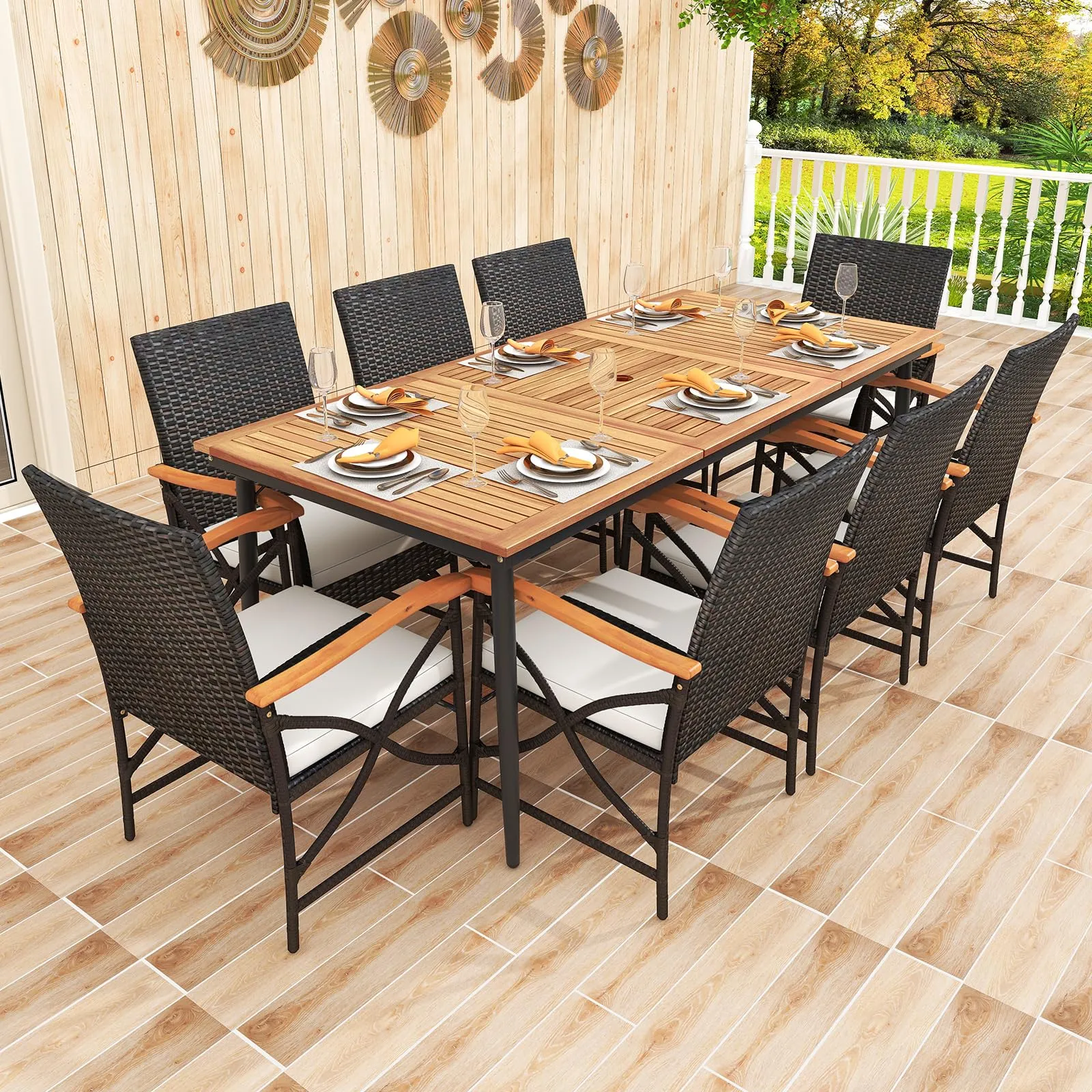 Tangkula 9-Piece Patio Dining Set, 79" Outdoor Acacia Wood Dining Table & 8 Rattan-Woven Dining Chairs with 1.9" Umbrella Hole