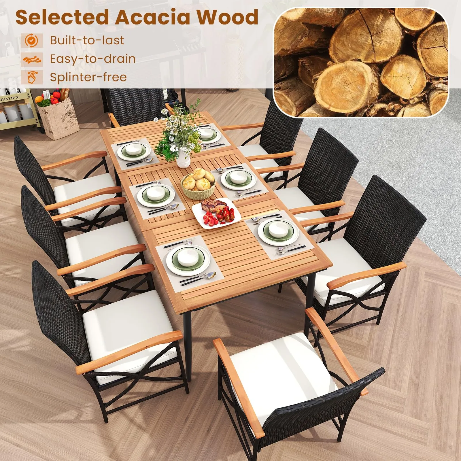 Tangkula 9-Piece Patio Dining Set, 79" Outdoor Acacia Wood Dining Table & 8 Rattan-Woven Dining Chairs with 1.9" Umbrella Hole