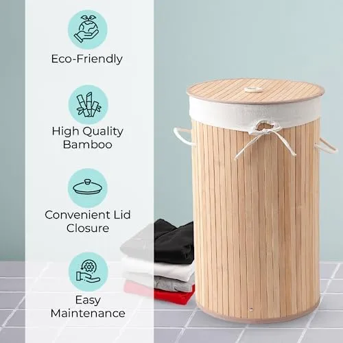 The Better Home Bamboo Laundry Bag 72 Litres With Lid (Pack of 2) | Foldable Laundry Basket For Clothes | Washing Clothes Basket | Clothes Bin - Light Brown