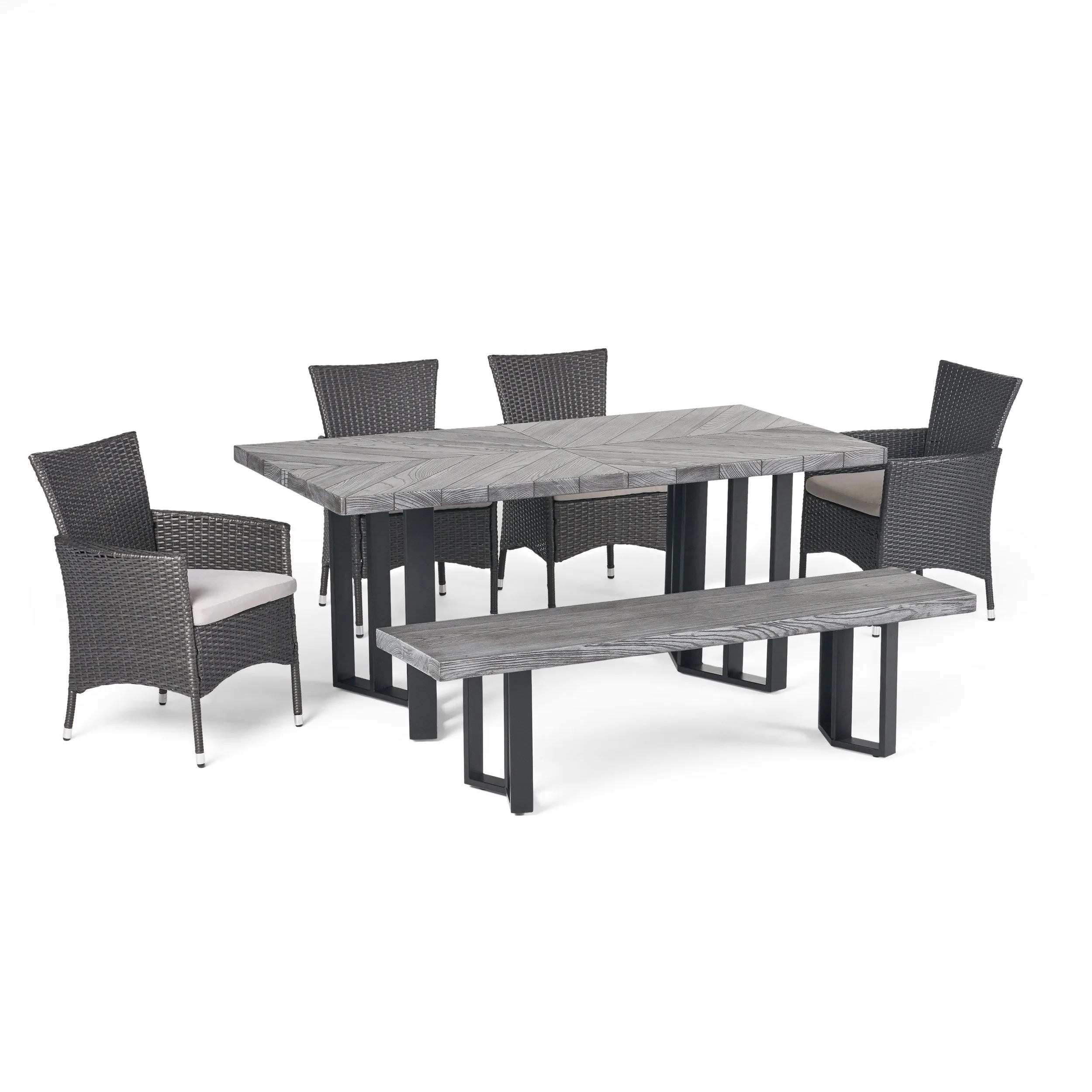 Truda Outdoor 6 Piece Wicker Dining Set with Concrete Dining Table and Bench