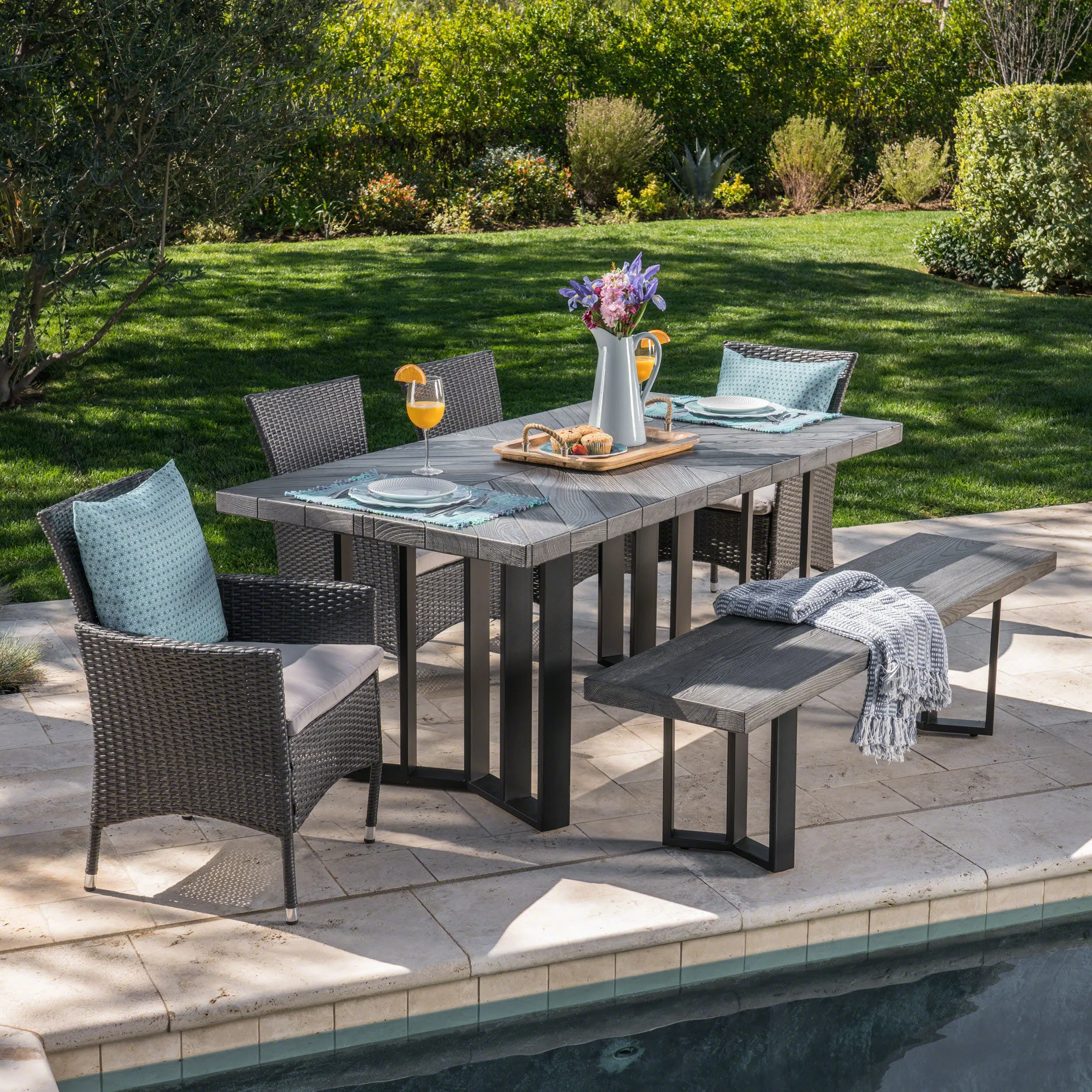 Truda Outdoor 6 Piece Wicker Dining Set with Concrete Dining Table and Bench