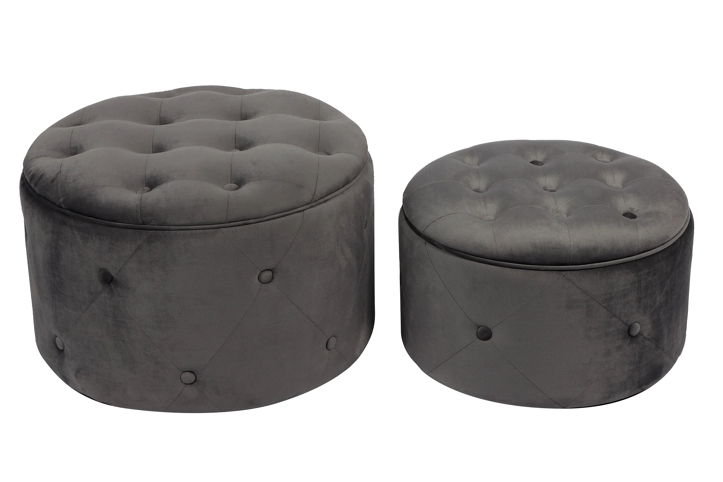 Valeria Set Of 2 Round Storage Ottomans, Dark Grey