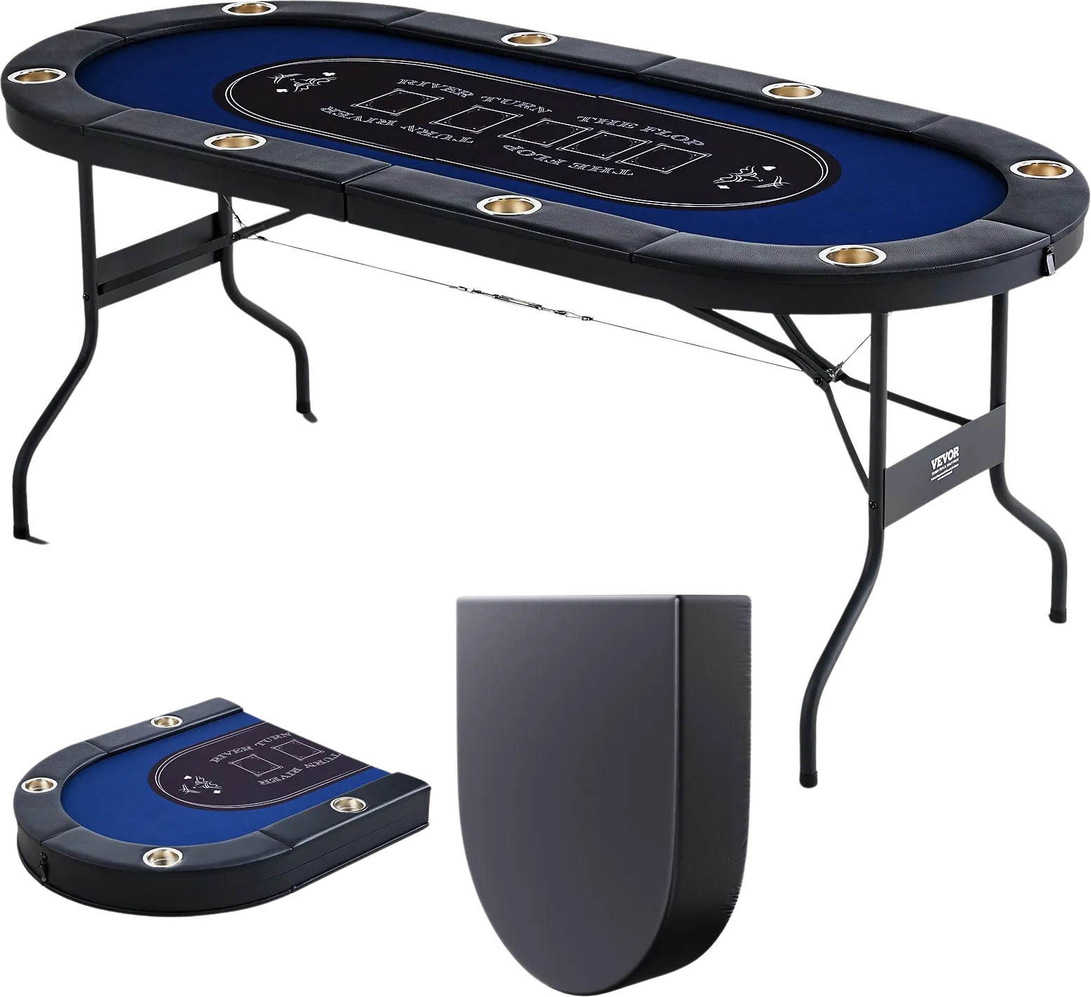 Vevor Poker Table 8-Player Foldable 72" Oval with Padded Rails and Cup Holders Blue New