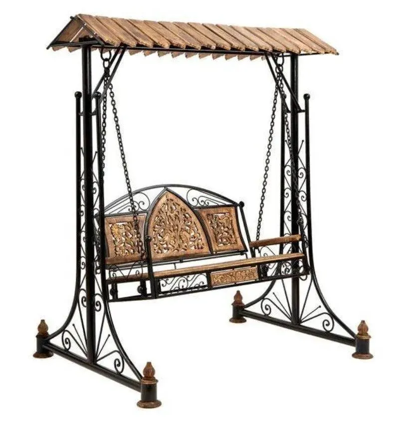 Wooden Twist Solid Wood & Iron Garden Swing 3 Seater Balcony Hammock Jhula Cradle