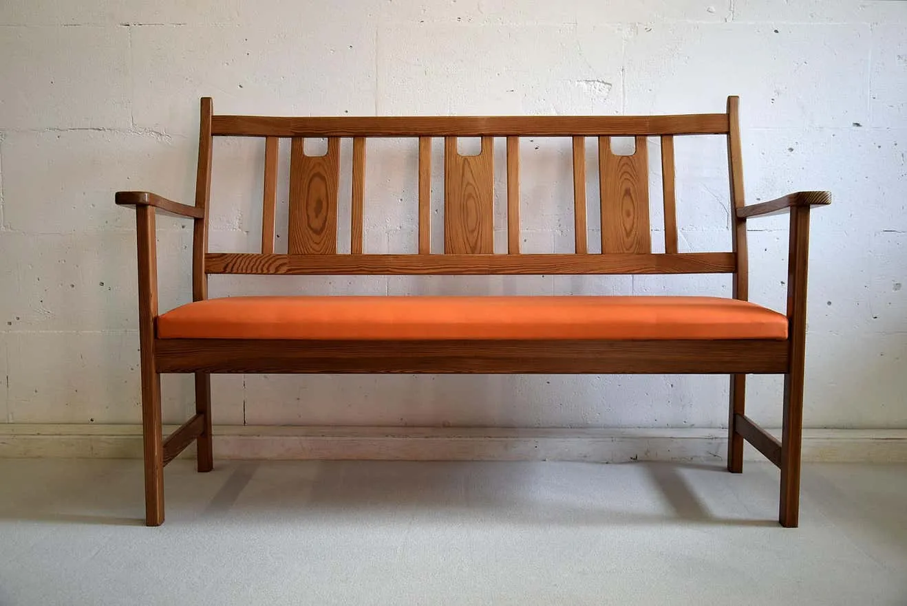 Yngve Ekström Orange and Brown Pine Two-Seat Bench